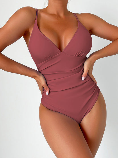 New solid color sexy deep V one-piece swimsuit