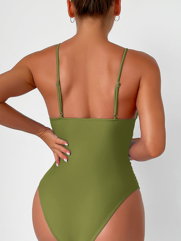 New solid color sexy deep V one-piece swimsuit