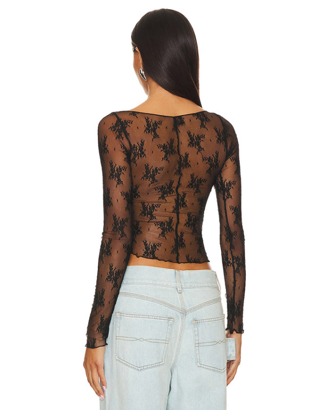 New mesh sexy see-through small stand-up collar long-sleeved lace shirt