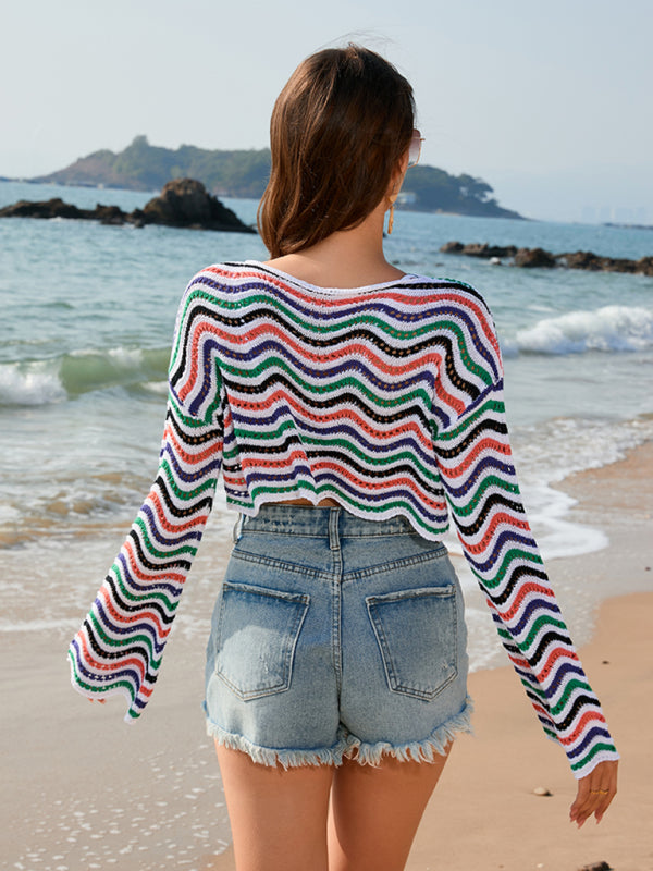 New patchwork round neck striped bikini beach cover-up