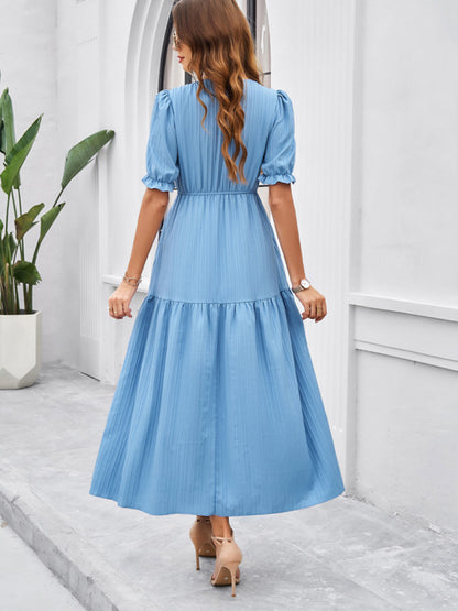 New spring and summer solid color temperament V-neck short-sleeved long skirt