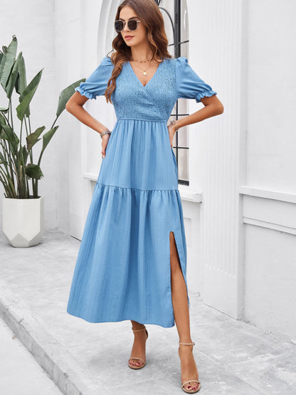 New spring and summer solid color temperament V-neck short-sleeved long skirt