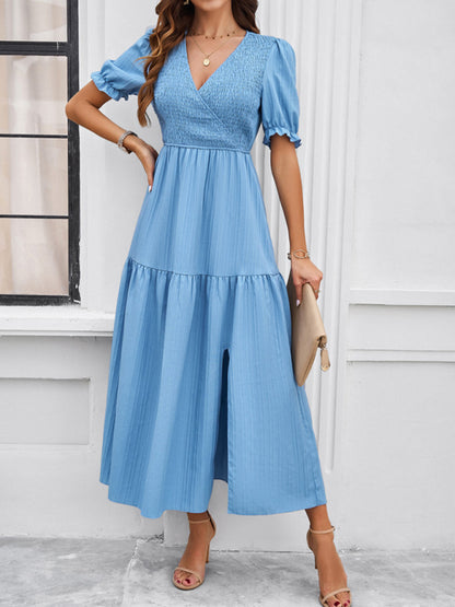 New spring and summer solid color temperament V-neck short-sleeved long skirt