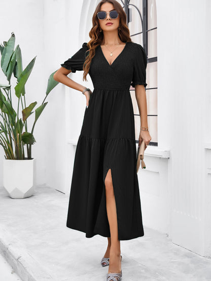 New spring and summer solid color temperament V-neck short-sleeved long skirt