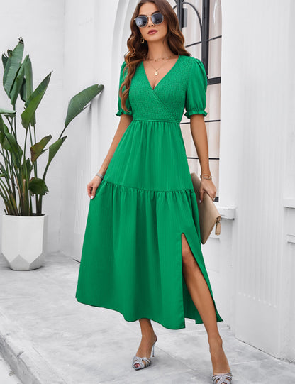 New spring and summer solid color temperament V-neck short-sleeved long skirt