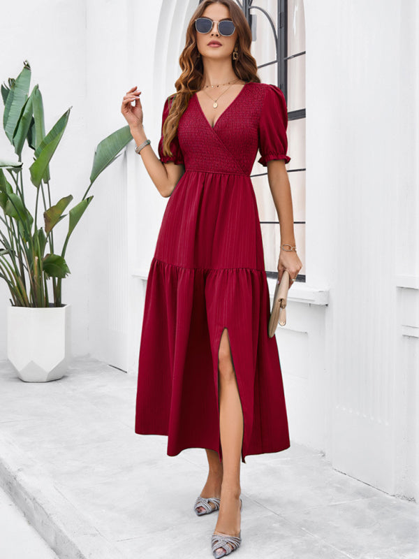 New spring and summer solid color temperament V-neck short-sleeved long skirt