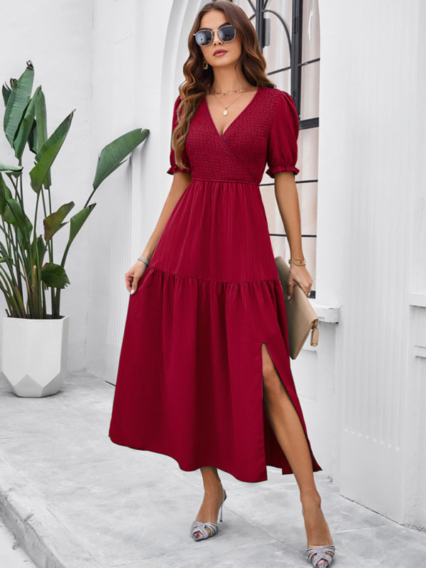 New spring and summer solid color temperament V-neck short-sleeved long skirt