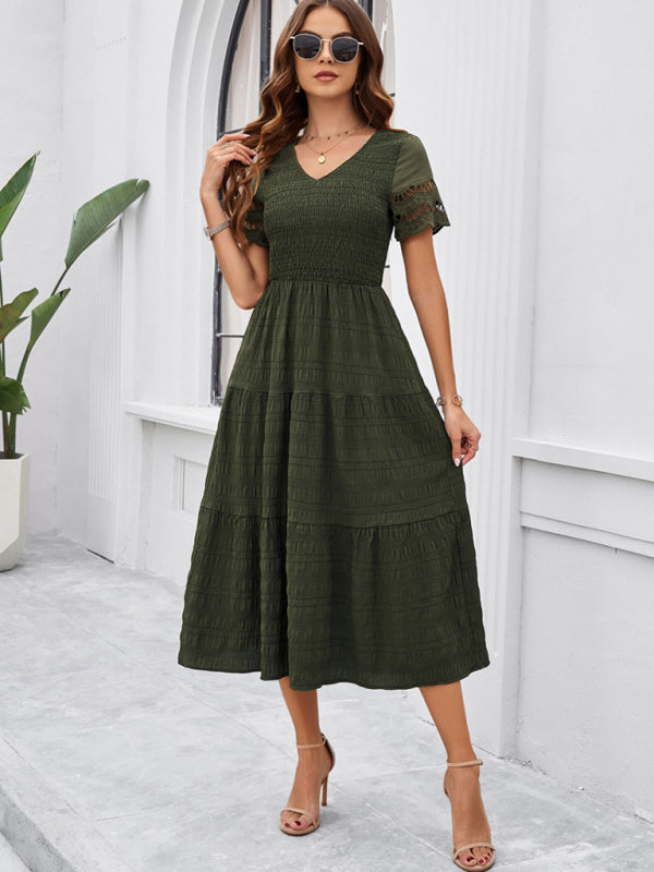 New solid color short sleeve V-neck dress