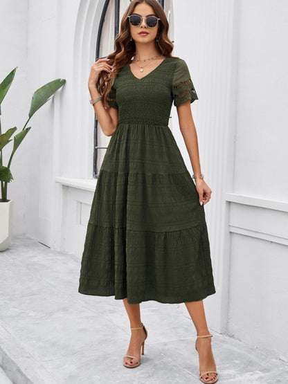 New solid color short sleeve V-neck dress