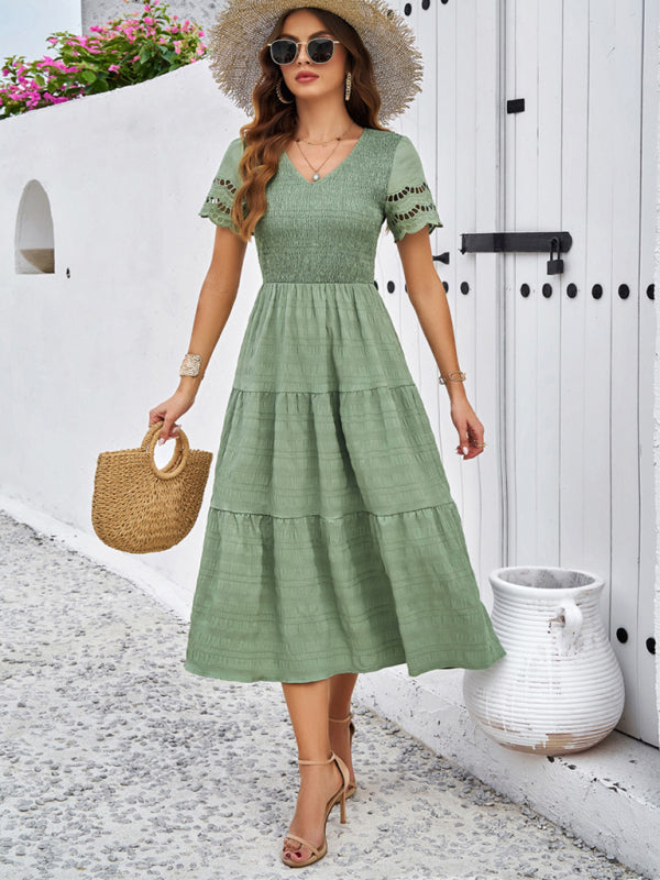 New solid color short sleeve V-neck dress