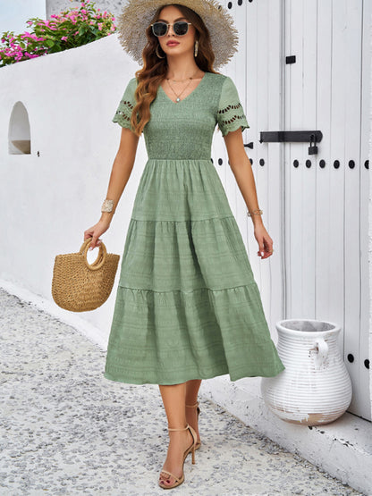 New solid color short sleeve V-neck dress