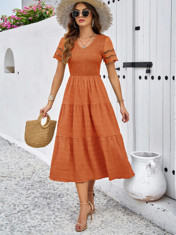 New solid color short sleeve V-neck dress