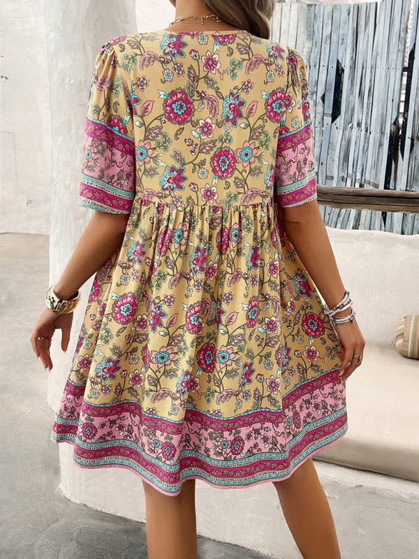 Spring and summer casual holiday printed short-sleeved dress