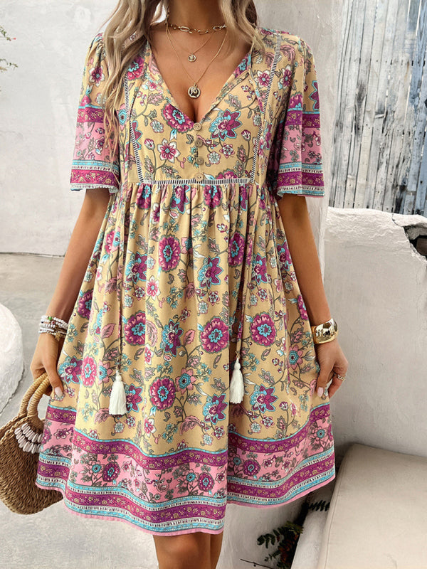 Spring and summer casual holiday printed short-sleeved dress