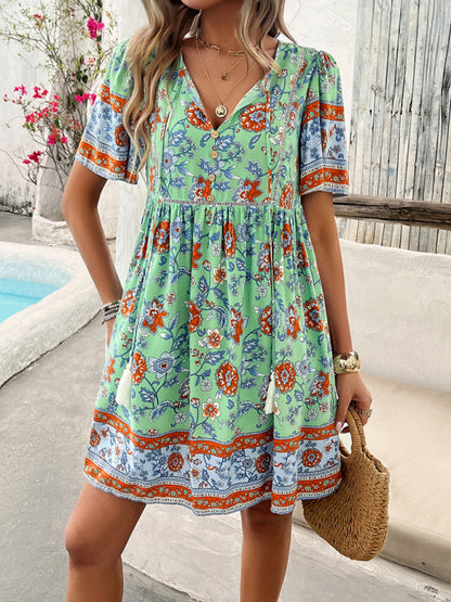 Spring and summer casual holiday printed short-sleeved dress