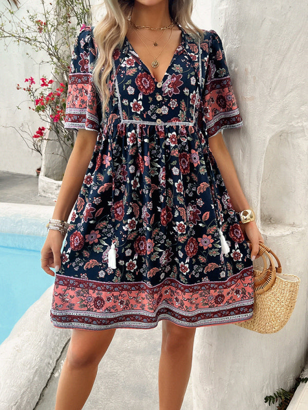 Spring and summer casual holiday printed short-sleeved dress