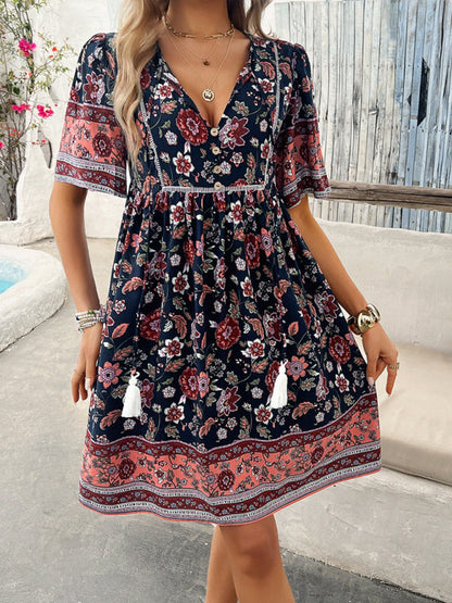 Spring and summer casual holiday printed short-sleeved dress