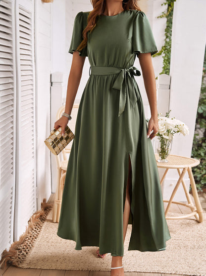 New style solid color lace-up slit dress