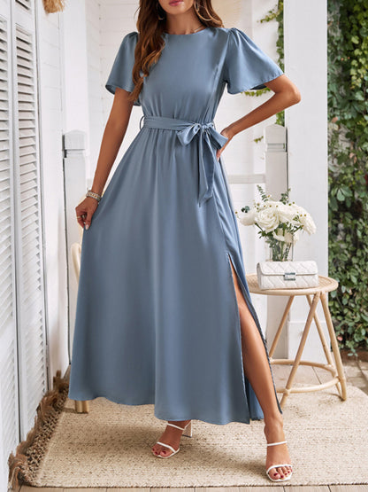 New style solid color lace-up slit dress