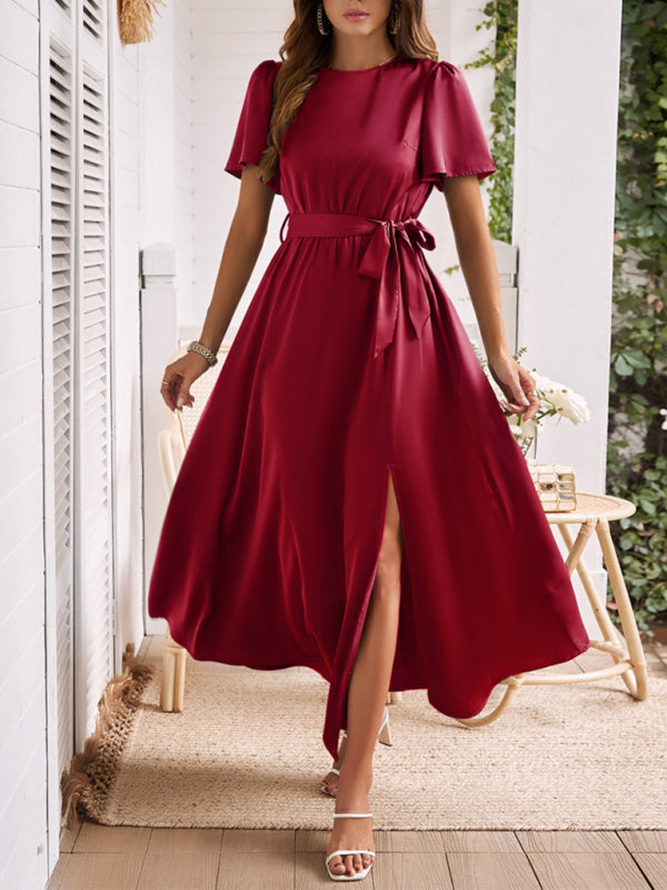 New style solid color lace-up slit dress