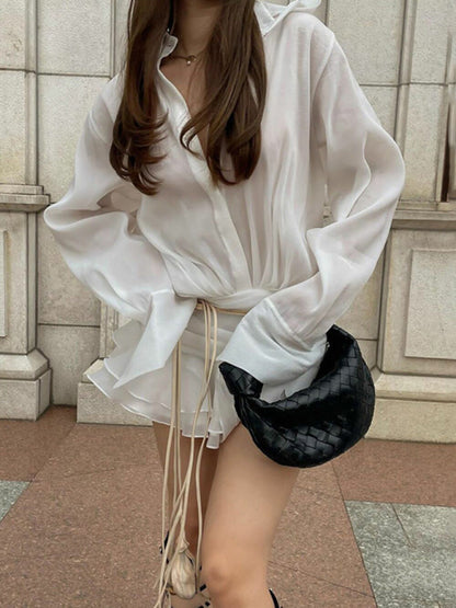 New ruffled white V-neck shirt dress hot girl skirt