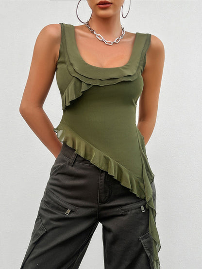 Women's casual solid color sleeveless U-neck mesh top