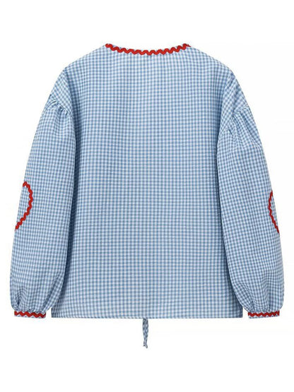 Women's Fashion Love Pocket Plaid Long Sleeve Shirt