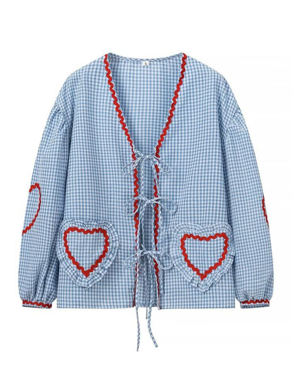 Women's Fashion Love Pocket Plaid Long Sleeve Shirt