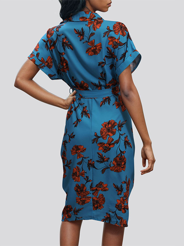 Women's elegant commuting lace-up printed shirt dress