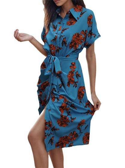 Women's elegant commuting lace-up printed shirt dress