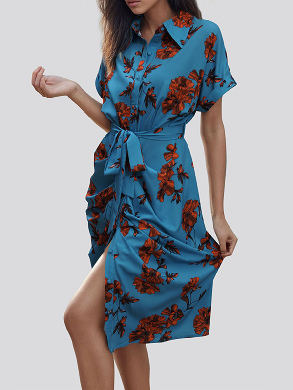 Women's elegant commuting lace-up printed shirt dress