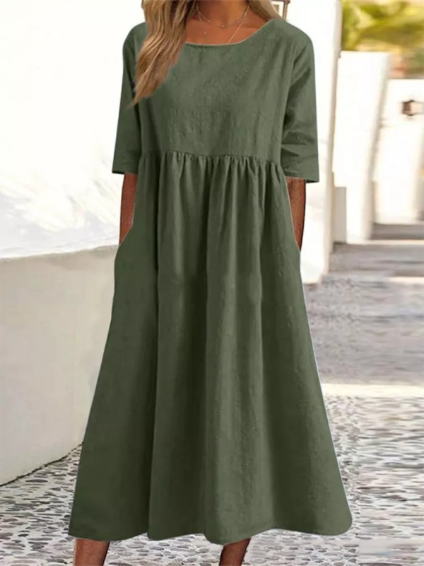 New round neck 5-quarter sleeves large size casual loose long solid color dress