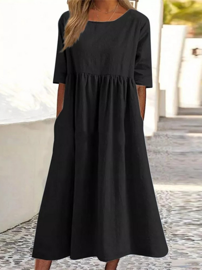 New round neck 5-quarter sleeves large size casual loose long solid color dress