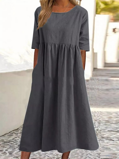 New round neck 5-quarter sleeves large size casual loose long solid color dress