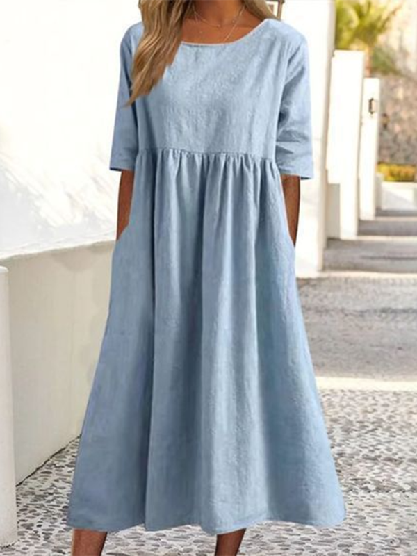 New round neck 5-quarter sleeves large size casual loose long solid color dress