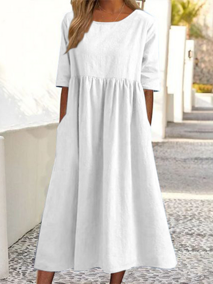 New round neck 5-quarter sleeves large size casual loose long solid color dress