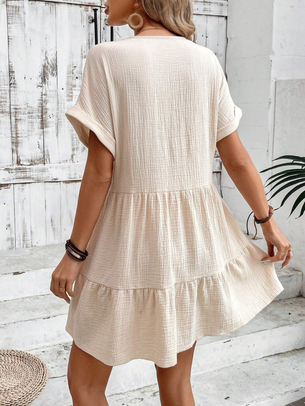 New solid color V-neck loose pleated dress