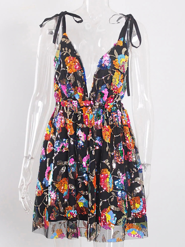 Women's Sexy Deep V Backless Sequin Floral Strappy Short Dress