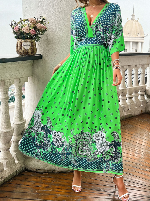 Spring and summer casual holiday printed V-neck long skirt