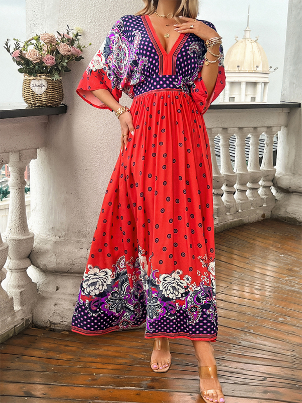 Spring and summer casual holiday printed V-neck long skirt