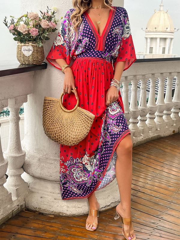 Spring and summer casual holiday printed V-neck long skirt