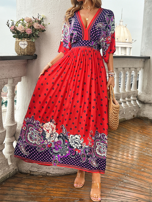 Spring and summer casual holiday printed V-neck long skirt