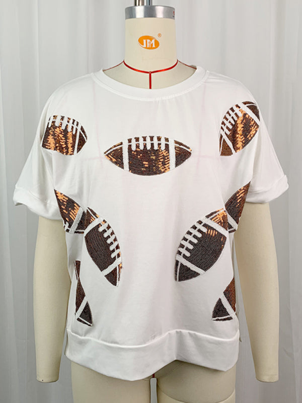 Casual Summer Sequined Rugby Round Neck Pullover T-Shirt Short Sleeve Top