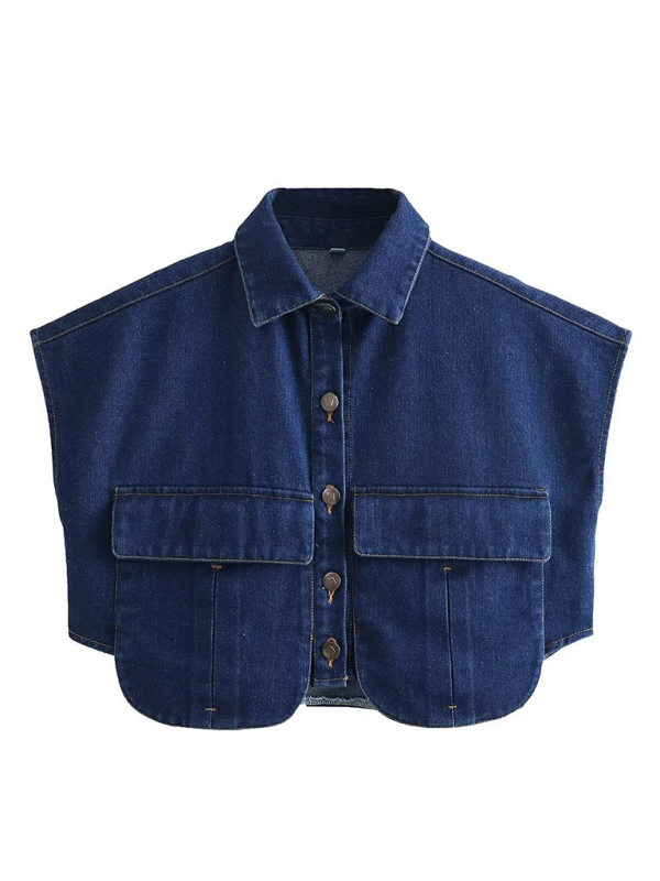 Women's Solid Color Big Pocket Sleeveless Lapel Shirt Denim Top