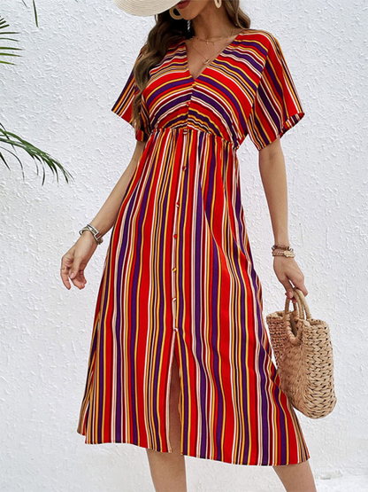 Women's New Colorful Striped Casual V-Neck Button High Waist Dress