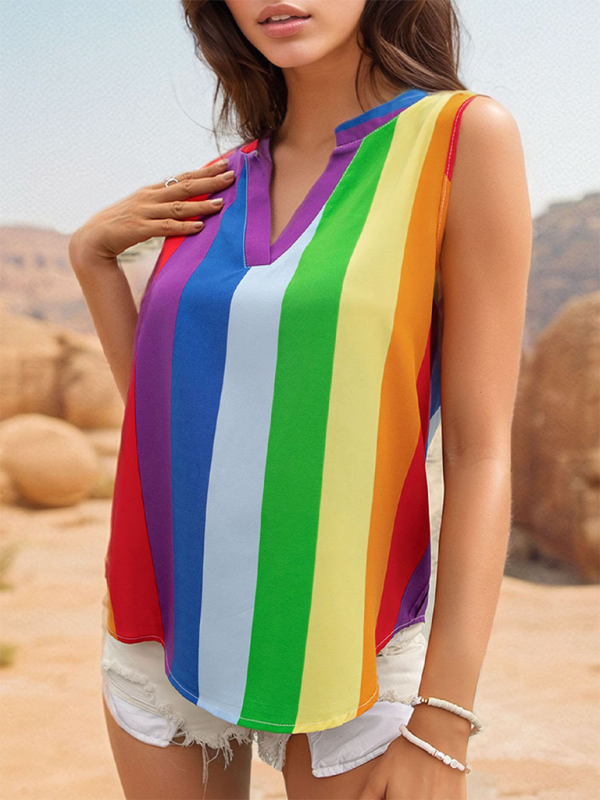 Women's sleeveless basic shirt tops colorful striped V-neck shirt