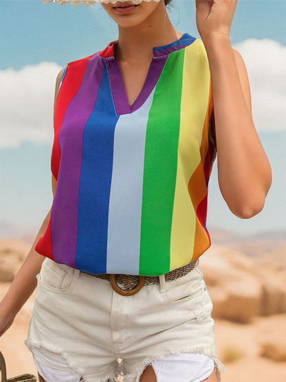 Women's sleeveless basic shirt tops colorful striped V-neck shirt