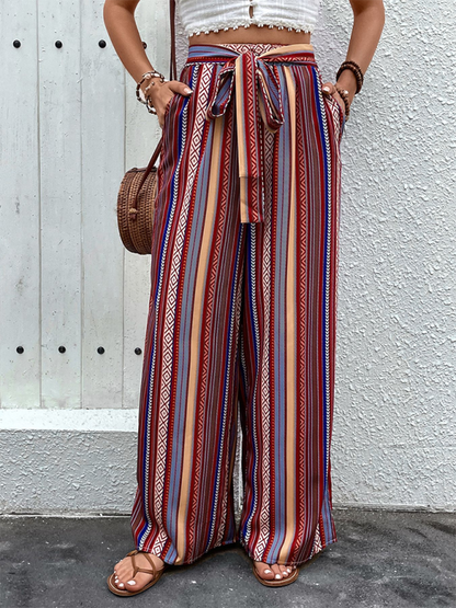 New loose striped high waist elastic wide leg pants