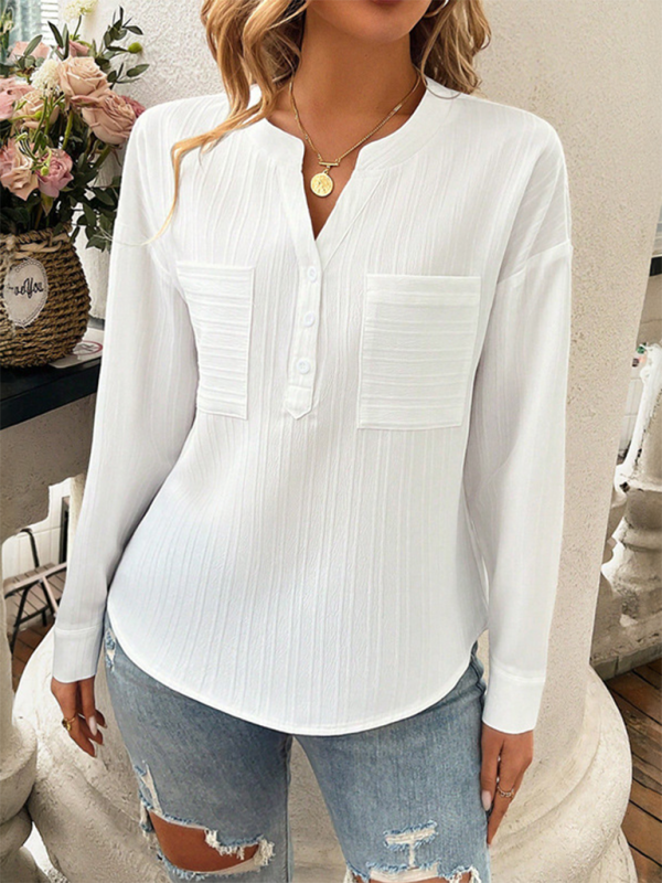 Women's shirt v-neck temperament casual solid color pullover top