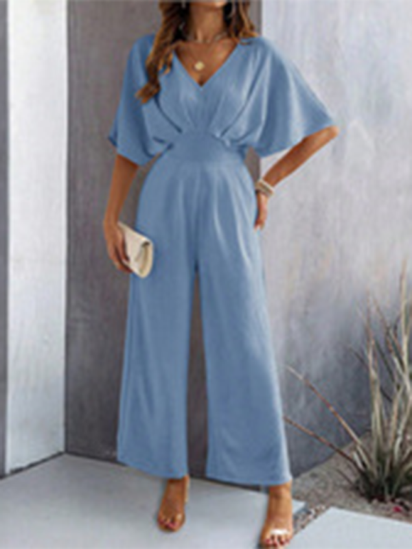 Women's short-sleeved solid color temperament casual wide-leg jumpsuit